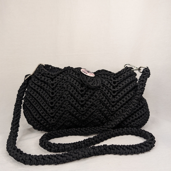 The Briaded Jewel Handbags - The Braided Jewel Hand Crocheted Black Chevron Crossbody Bag Lined